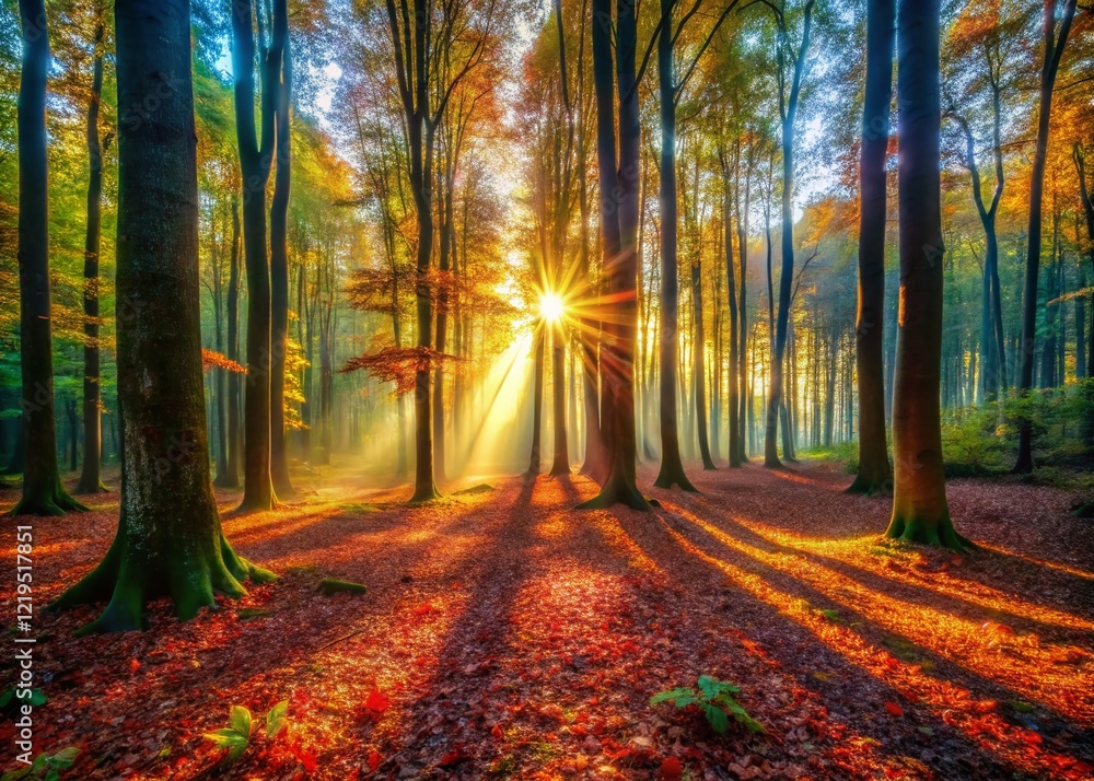 Fototapeta premium Sunrise Forest Photography: Golden Light Filtering Through Trees, Long Shadows on Leaf-Covered Ground