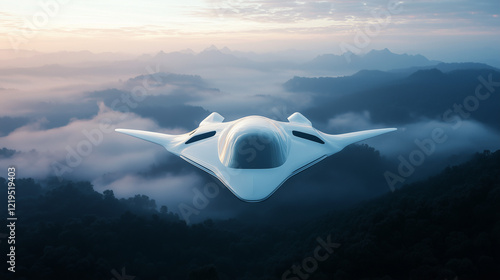 Wallpaper Mural Futuristic modern aircraft gliding over misty mountains at dawn, flying drone, future Torontodigital.ca