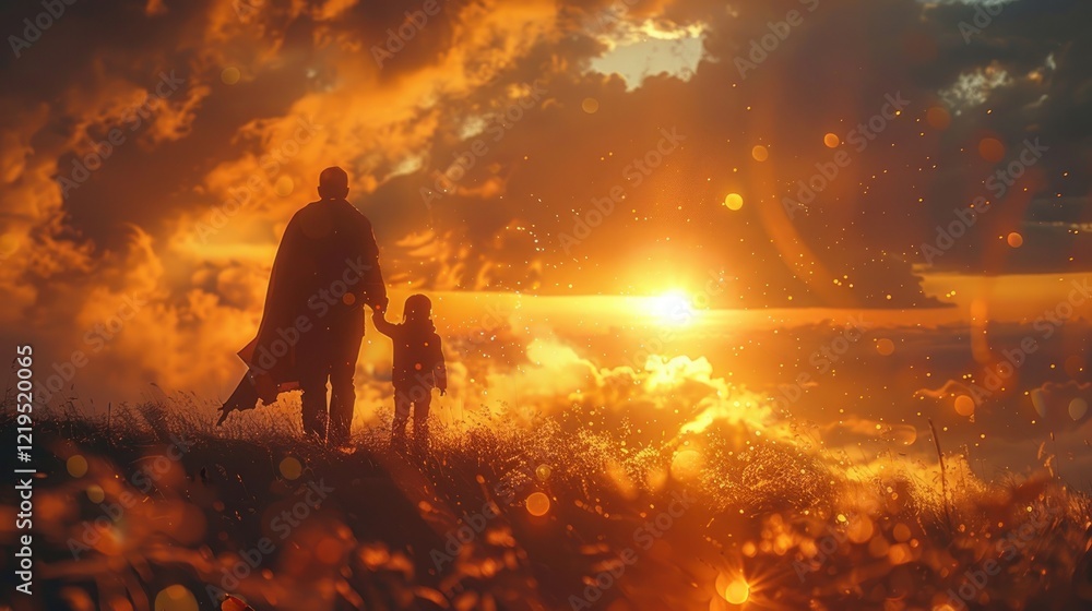Fototapeta premium Sunset's Golden Hue: A Father Becomes a Pillar of Strength