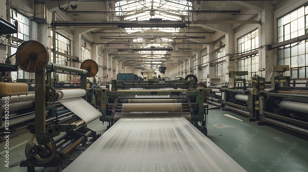 The inside of a large textile mill with machines weaving patterns into fabrics The inside of a large textile mill with machines weaving patterns into fabrics