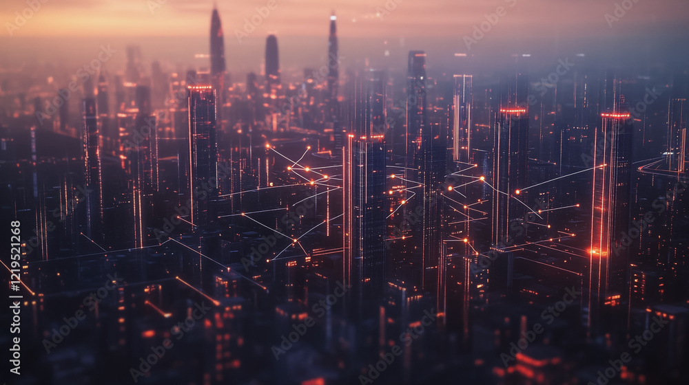 Fototapeta premium Smart digital Innovation city with connection network reciprocity over the twilight cityscape. of future smart wireless digital city and social media networking systems that connects people with city 