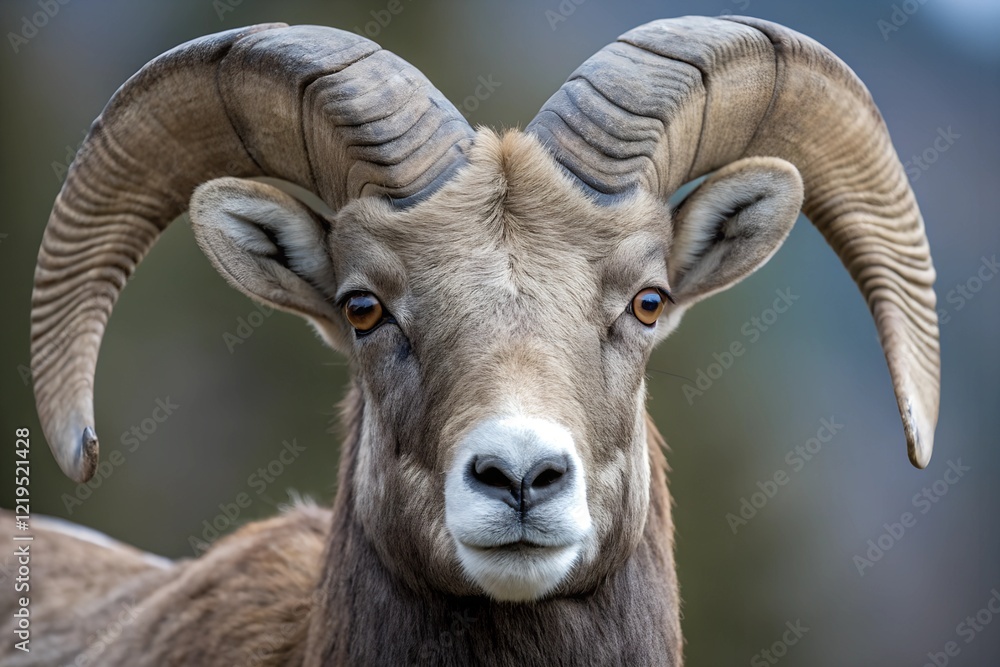 A striking close-up of a bighorn sheep, highlighting its majestic curled horns and focused gaze. The image captures the beauty and strength of this iconic mountain mammal. A striking close-up of a bighorn sheep, highlighting its majestic curled horns and focused gaze. The image captures the beauty and strength of this iconic mountain mammal.