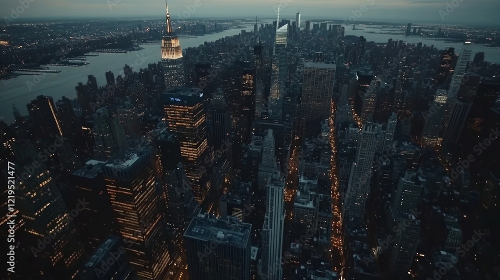 Fototapeta premium Night aerial view of Manhattan skyline, city lights illuminating streets, river in background, perfect for travel brochures