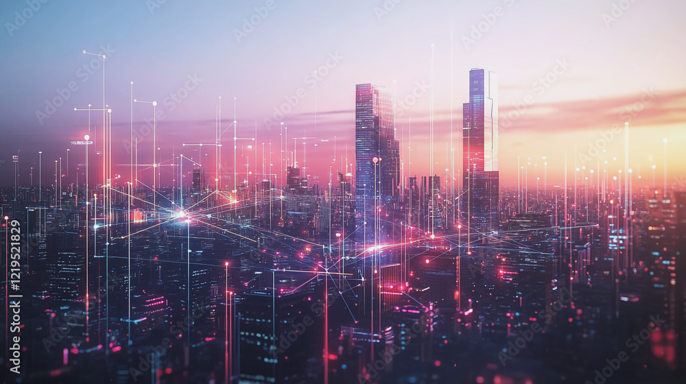 Fototapeta premium Smart digital Innovation city with connection network reciprocity over the twilight cityscape. of future smart wireless digital city and social media networking systems that connects people with city 