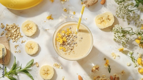 Obraz na płótnie ashwagandha-infused smoothie in a clear glass with a straw, surrounded by fresh ingredients like bananas and almond milk w salonie