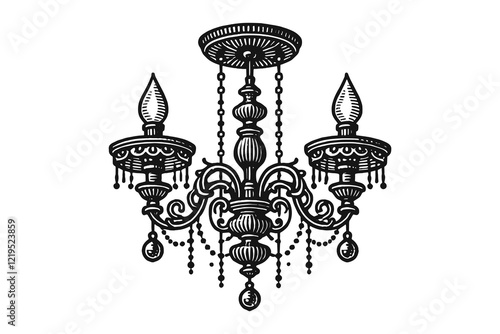 Vintage chandelier black and white engraving, isolated vector art