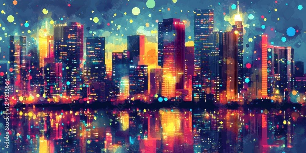 Fototapeta premium Vibrant Cityscape Night Lights Reflecting In Water