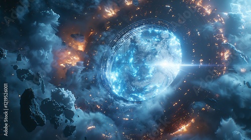 Fototapeta Naklejka Na Ścianę i Meble -  A surreal depiction of a massive stargate opening in deep space