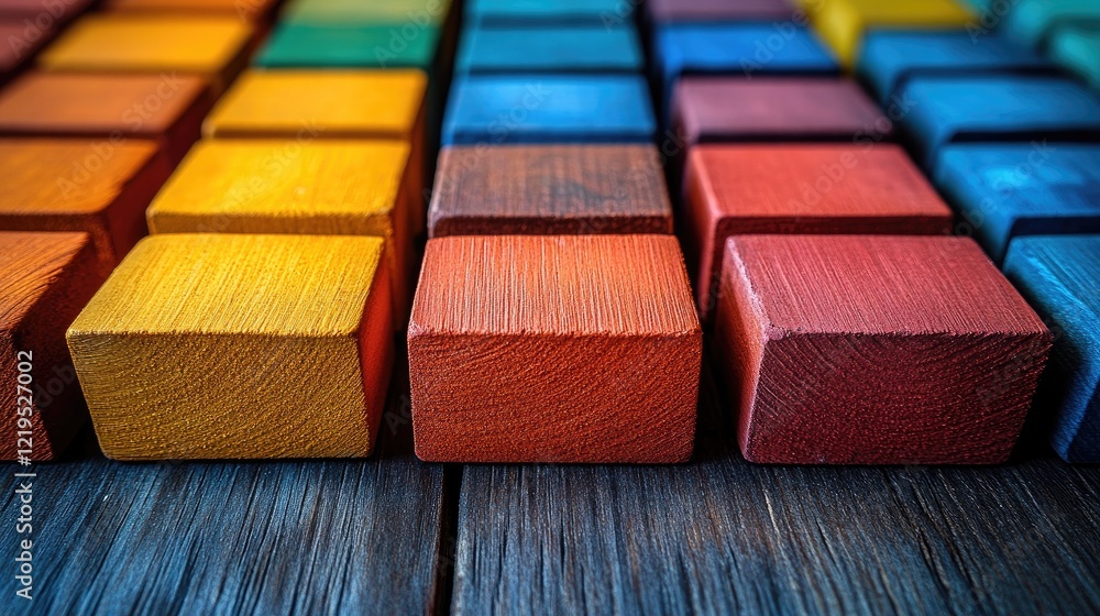 A colorful arrangement of small, rectangular wooden blocks, A colorful arrangement of small, rectangular wooden blocks,