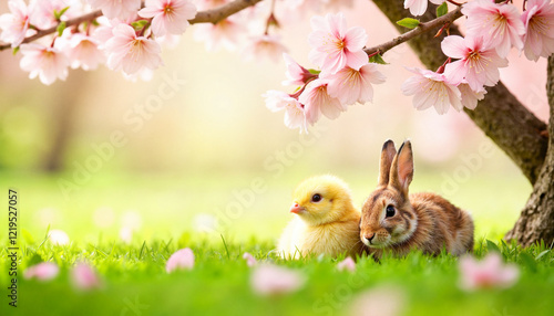 Chick and bunny in a joyful mood sitting together beneath a blooming cherry tree in spring meadow
