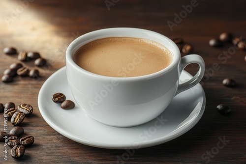 Morning break in a foodie city . Coffee cup on a saucer surrounded by coffee beans.