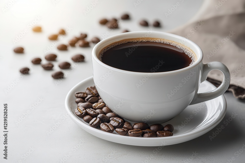 Morning break in a foodie city . Cup of coffee with beans on a saucer, softly lit background. Morning break in a foodie city . Cup of coffee with beans on a saucer, softly lit background.