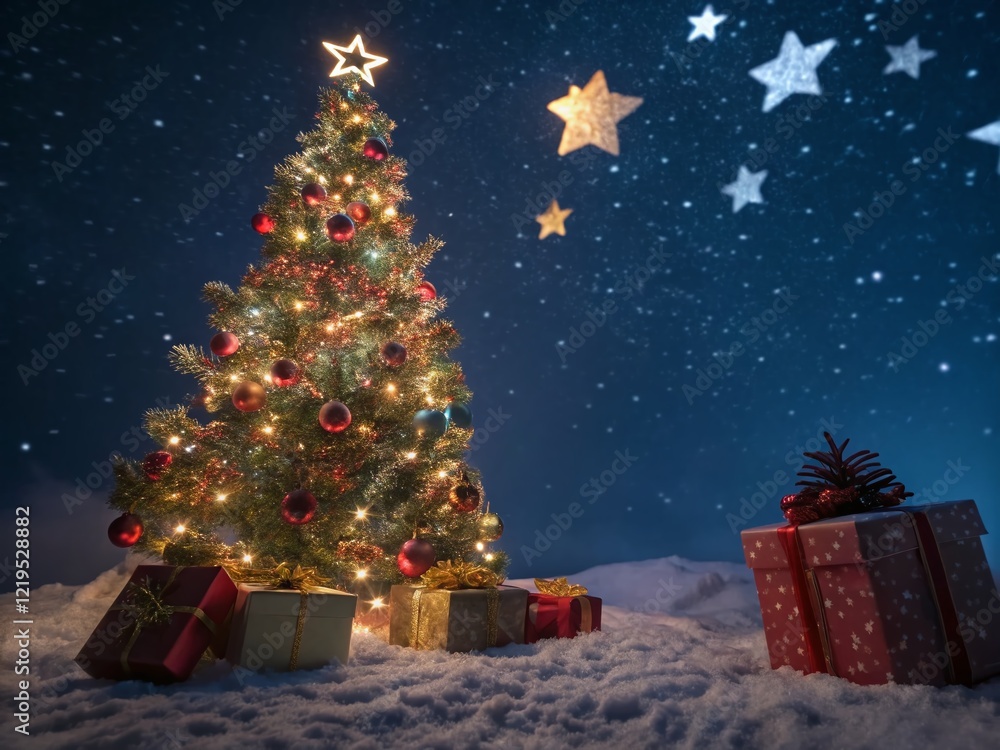 Obraz premium Surreal Christmas Tree with Floating Gifts: Festive Holiday Magic