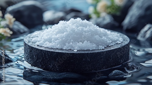 Salt crystals in a black stone bowl photo