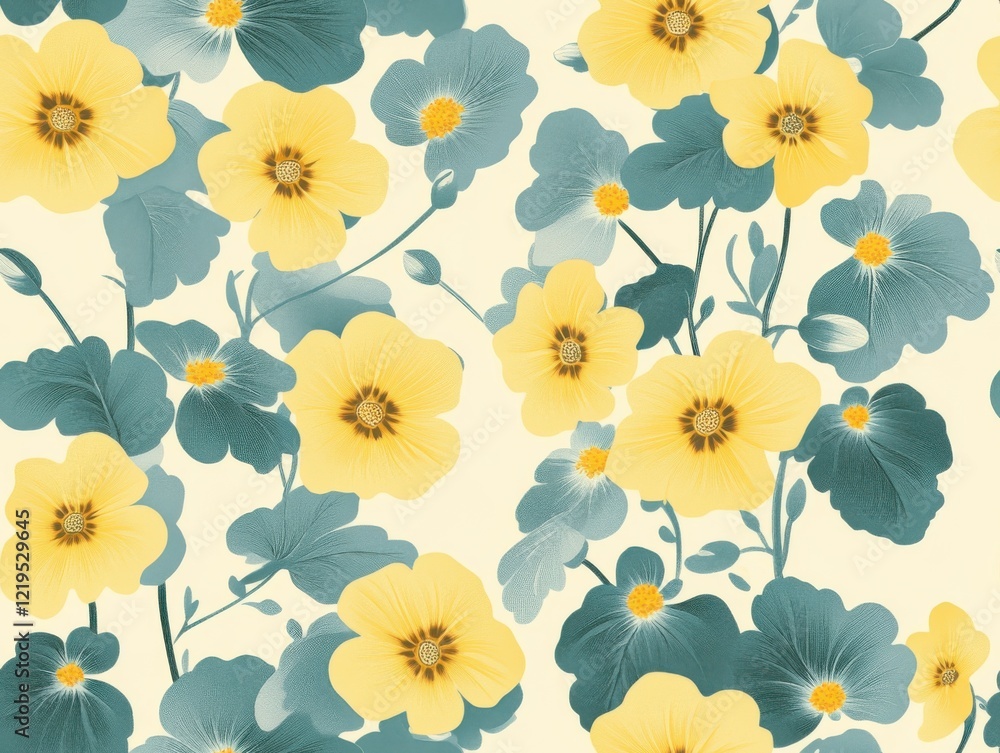 A Seamless Pattern of yellow primroses with Brown/Orange Centers and Bluish Green/Grayish Green Leaves on an Off-White/Light Yellow Background A Seamless Pattern of yellow primroses with Brown/Orange Centers and Bluish Green/Grayish Green Leaves on an Off-White/Light Yellow Background