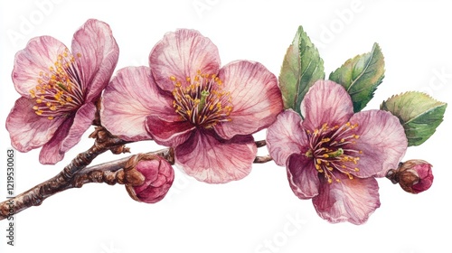 Watercolor Painting of Pink Almond Blossom Branch
