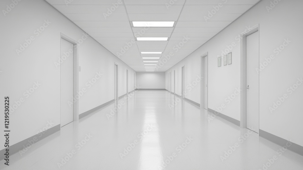 Empty white corridor with doors and bright lighting. Empty white corridor with doors and bright lighting.