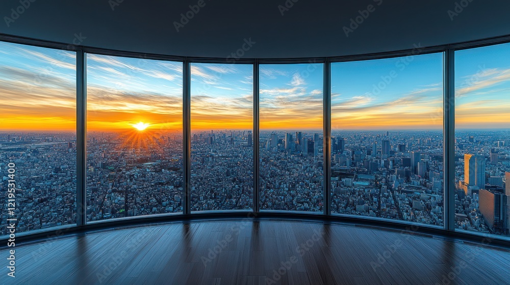 Fototapeta premium City sunset view through curved windows.