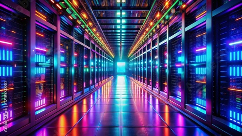 Wallpaper Mural Surreal Data Center: Vibrant Lights & Server Racks - Futuristic Tech Stock Photo Torontodigital.ca