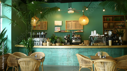 Tranquil Tropical Cafe Interior: Modern Design with Lush Greenery