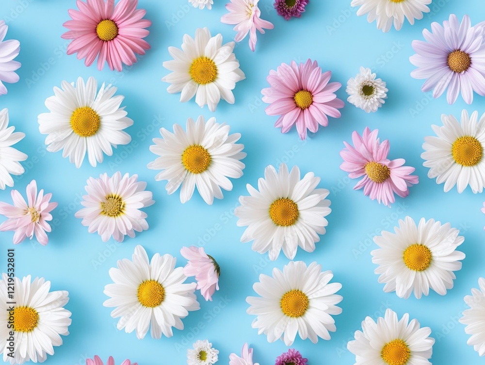 A Seamless Pattern of White, Pink, and Purple Daisies with Yellow Centers on a Light Blue Background A Seamless Pattern of White, Pink, and Purple Daisies with Yellow Centers on a Light Blue Background