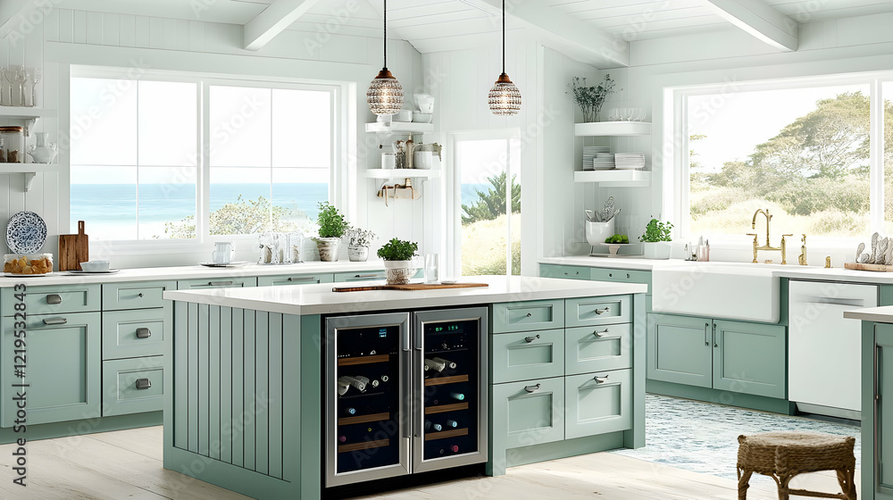 Fototapeta premium Coastal Farmhouse Kitchen Design with Ocean View