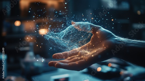 A close shot of a hand holding a virtual tool in an AR environment actively sculpting a digital shape that appears suspended in front of the designers workspace.