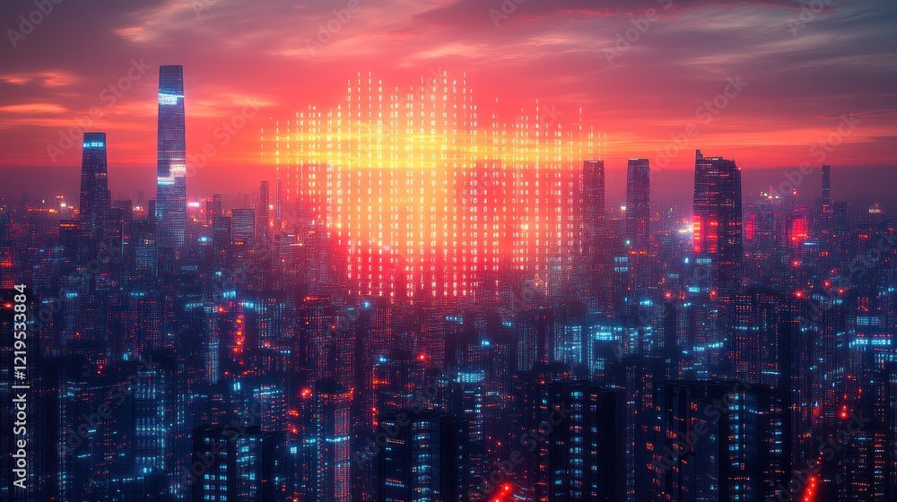 Fototapeta premium Cityscape at sunset with data overlay.