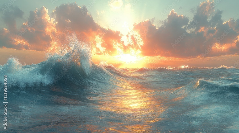 Fototapeta premium A stylized artwork featuring golden waves and clouds against a metallic backdrop.