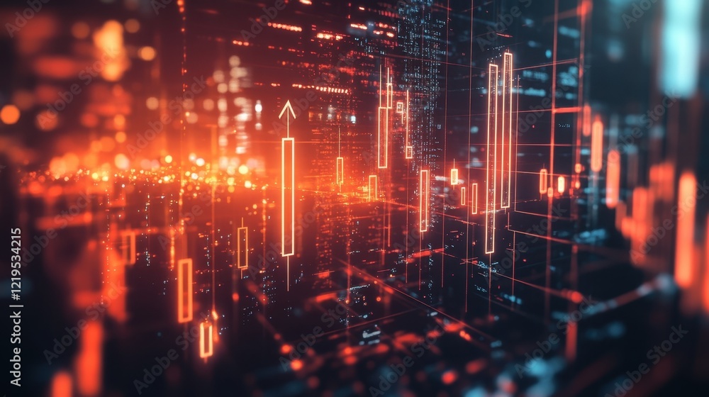 Obraz premium Vibrating holographic arrows pointing downward merging with ghostly outlines of urban structures encapsulating the essence of collapsing markets.