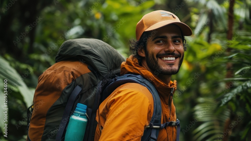 Fototapeta premium Smiling Adventurer in Lush Rainforest