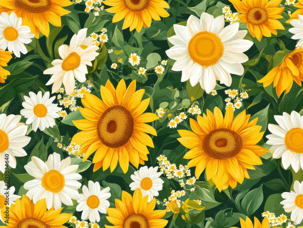 A Seamless Pattern of Yellow Sunflowers and White Daisies with Green Leaves and Dark Brown Centers on the Sunflowers A Seamless Pattern of Yellow Sunflowers and White Daisies with Green Leaves and Dark Brown Centers on the Sunflowers
