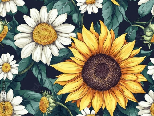 Wallpaper Mural A Seamless Pattern of Yellow Sunflowers and White Daisies with Green Leaves and Dark Brown Centers on the Sunflowers Torontodigital.ca