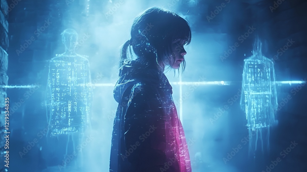 Obraz premium Girl, futuristic city, digital scans, cyberpunk, background, game art