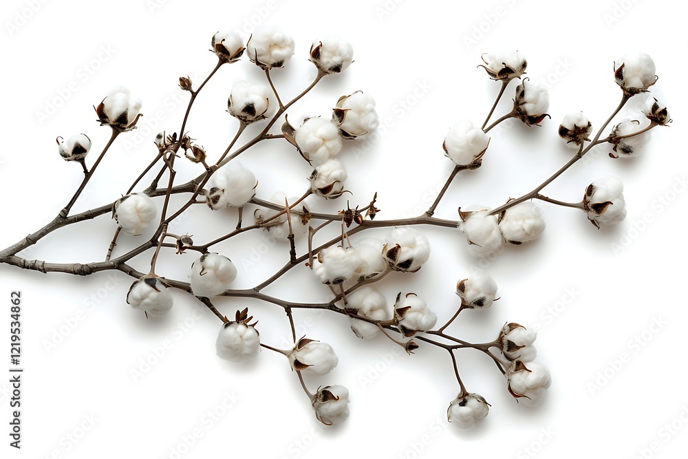 Cotton branch isolated on white background. Flat lay, top view. Cotton branch isolated on white background. Flat lay, top view.