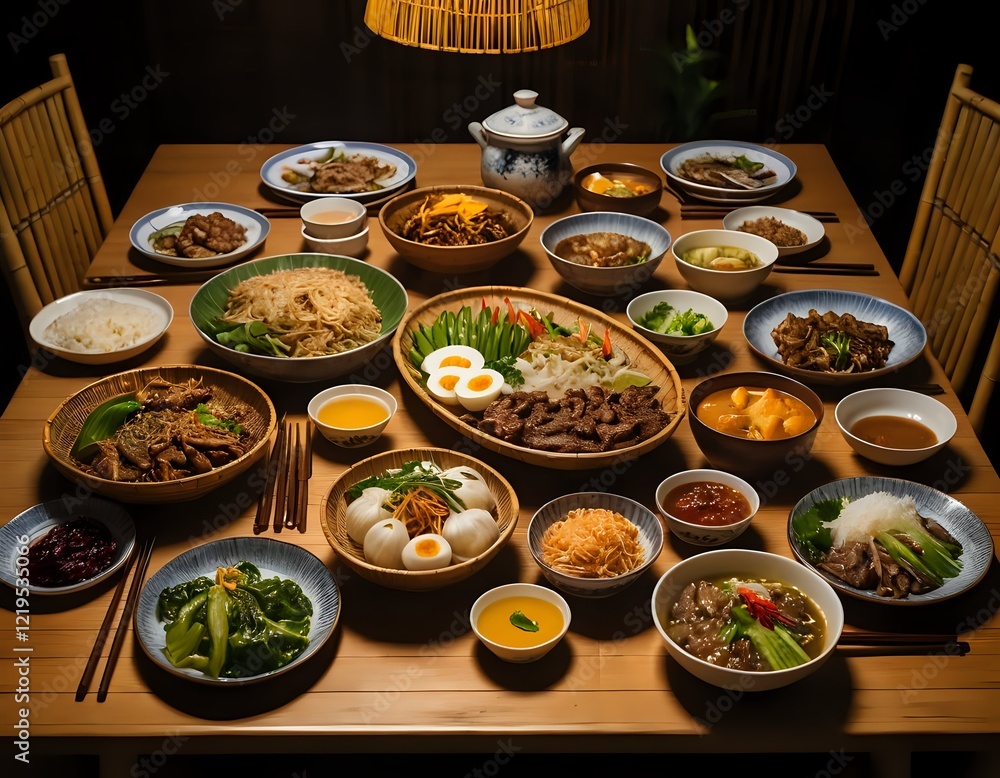 Warm Asian Family Feast: A Bountiful Table of Delicious Dishes Warm Asian Family Feast: A Bountiful Table of Delicious Dishes