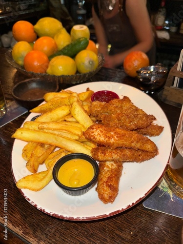 fast food bar meals chicken tenders with potates at pub restaurant photo