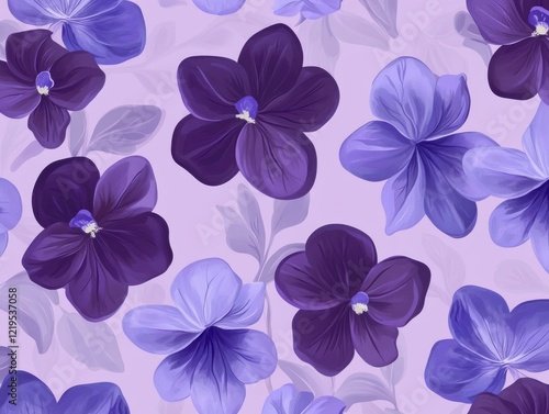 A Seamless Pattern of Purple/Bluish Purple violets with White/Light Yellow Centers on a Background of Overlapping Blooms