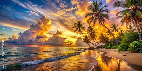 Surreal Golden Sunset Over Tranquil Tropical Beach Paradise