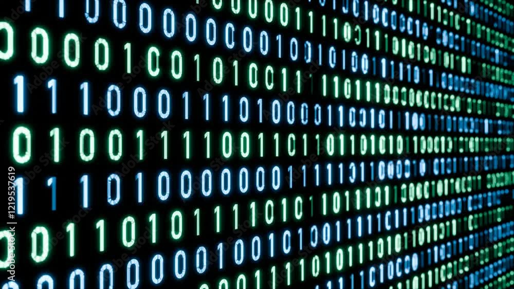 Binary code, zero and one illuminated in blue and green. Big data, zero and one, sequence, program, software, science, switchboard, futuristic and technology. 3D animation Binary code, zero and one illuminated in blue and green. Big data, zero and one, sequence, program, software, science, switchboard, futuristic and technology. 3D animation