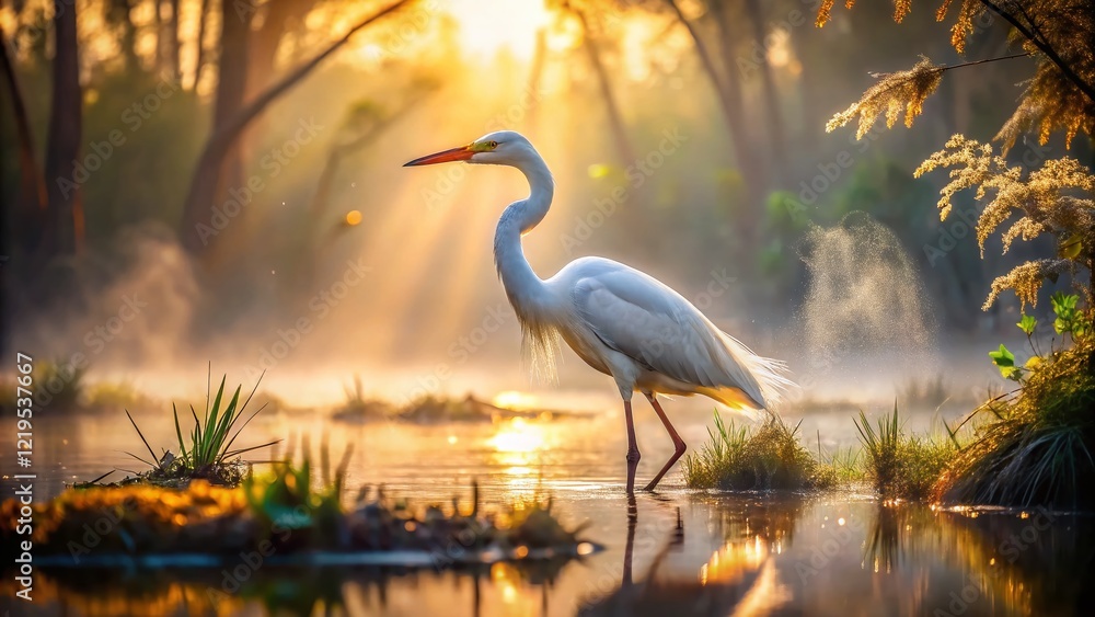 Naklejka premium Surreal Great Egret Hunting: Dreamlike Bird in Marsh Stalking Prey