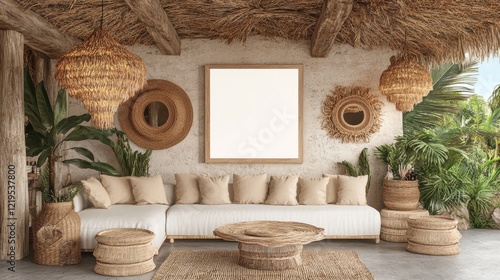 Bohemian Chic Tropical Living Room Interior Design Mockup