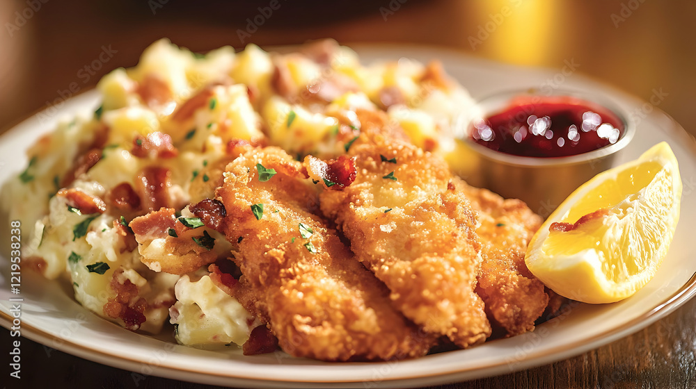 Crispy Breaded Fish with Creamy Potato Salad and Bacon Crispy Breaded Fish with Creamy Potato Salad and Bacon