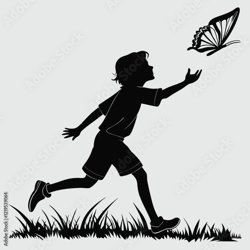 A boy chasing a butterfly. silhouette vector design art and illustration