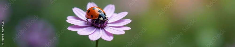 Ladybug on a single white and purple flower in stunning detail, red, flower, ladybug Ladybug on a single white and purple flower in stunning detail, red, flower, ladybug