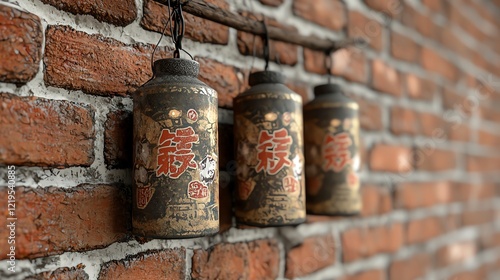 A close-up of Chinese firecrackers ready to be lit, symbolizing the warding off of evil spirits close up, realistic, Double exposure, red brick wall backdrop photo