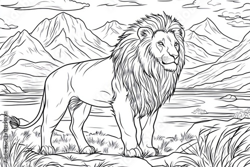 Majestic lion standing by lake, mountains background, coloring page