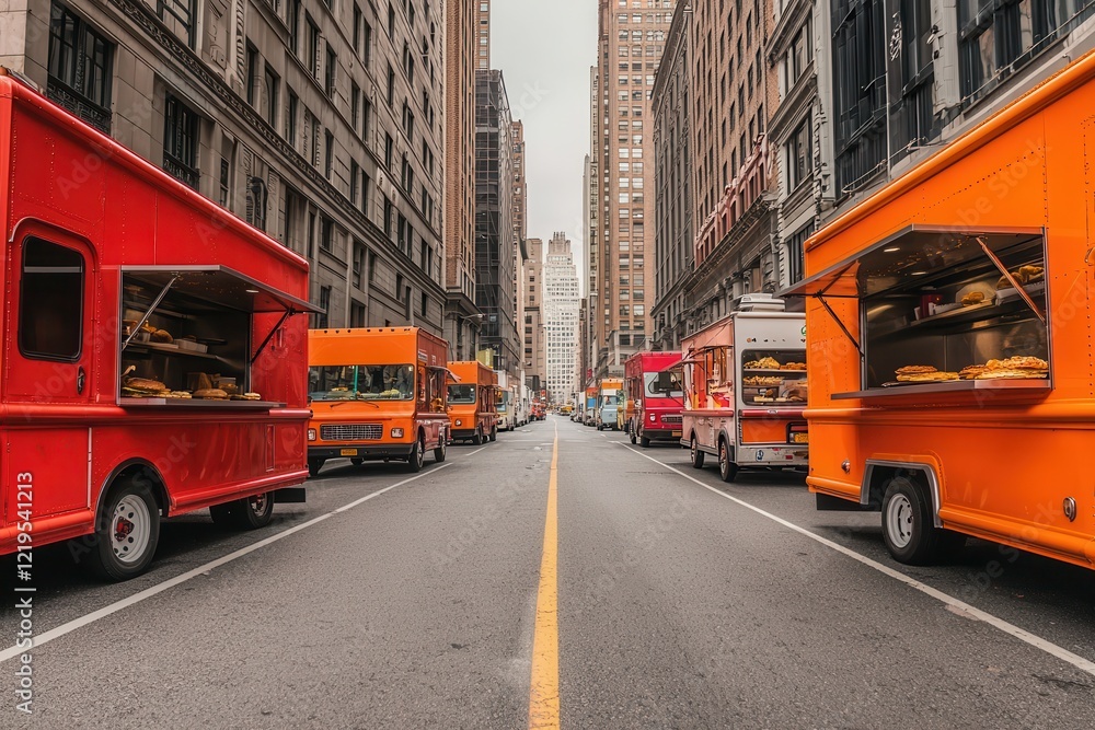Fototapeta premium Morning break in a foodie city . Vibrant food trucks lined up on a city street in an urban setting.