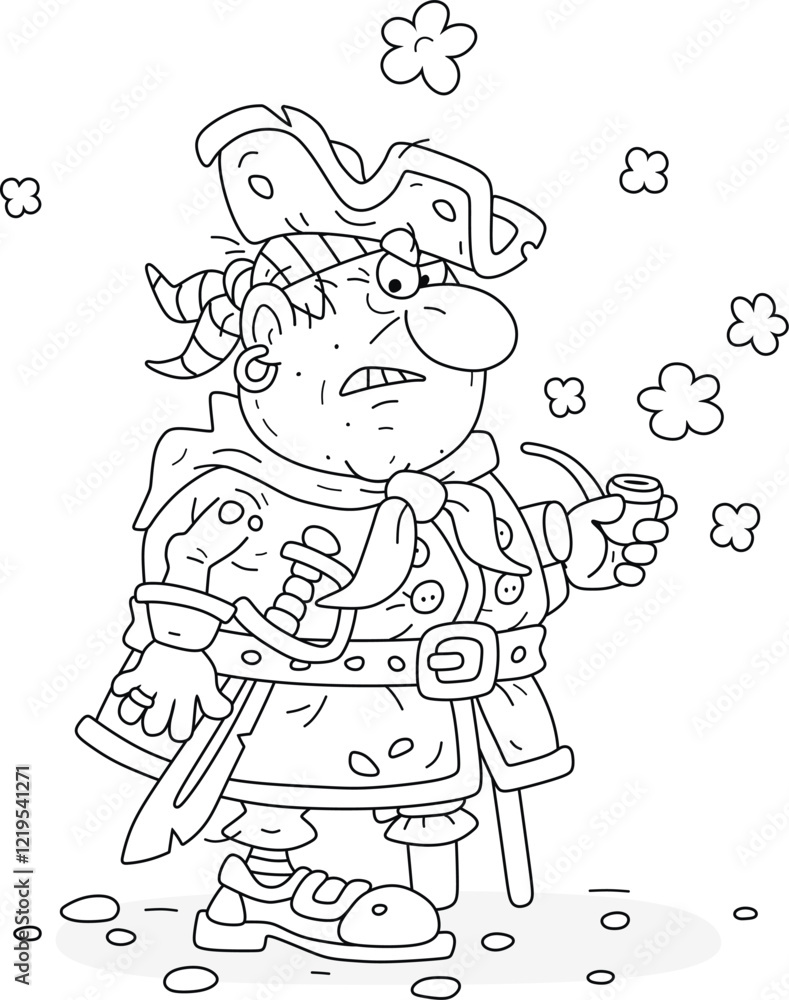 Fototapeta premium Grumpy one-legged pirate with a cocked hat, a wooden crutch and a sharp serrated saber smoking his old tobacco-pipe, black and white vector cartoon illustration for a coloring book