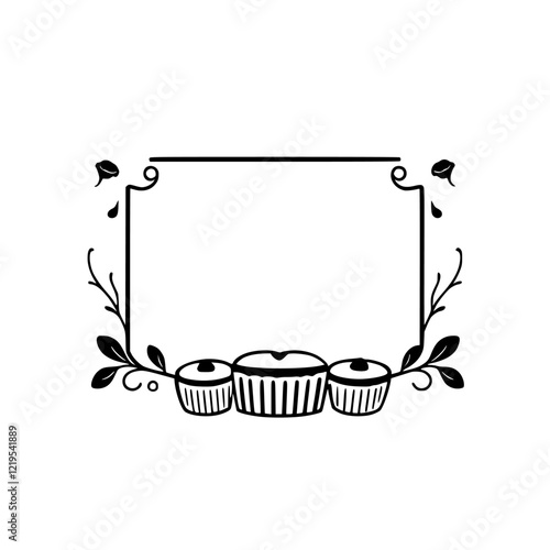 Elegant Cupcake Frame: Vintage Floral Border Design. Perfect for bakery logos, menus, or sweet treat cards. Simple, black and white aesthetic.